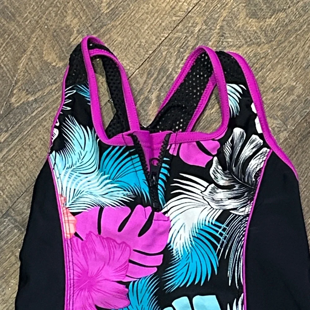 ZeroXposur Black One-Piece Swimsuit with Pink and Teal Floral‎ Print Size 10-12